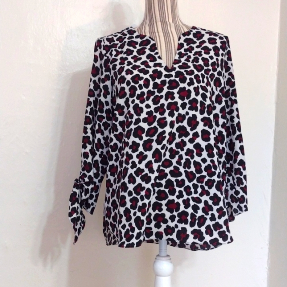 Michael Michael Kors Animal Print V-neck Tie Sleeve Crepe Blouse Size M